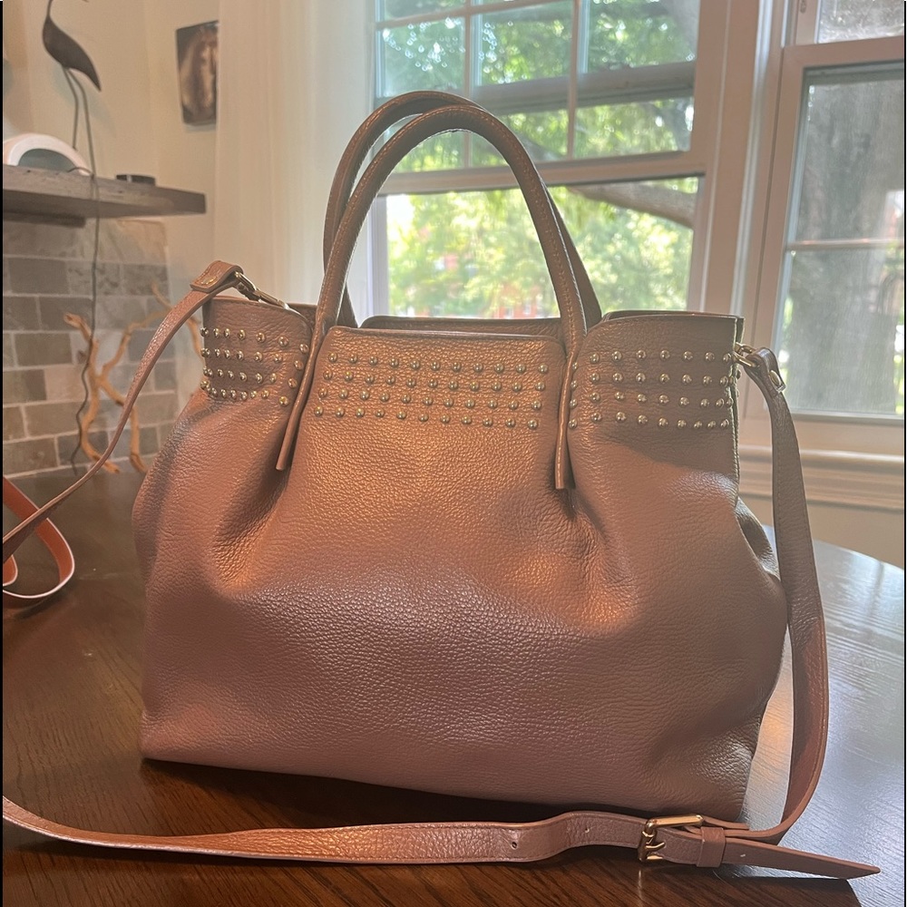 Taupe Studded Leather Shoulder Bag